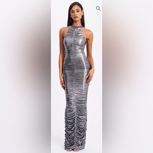 Elegant Silver Halter Maxi Dress